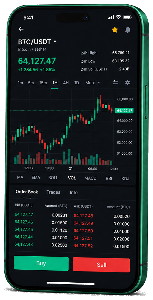 Platform trading Exo Invexium di perangkat mobile — grafik BTC/USDT real-time, buku pesanan, dan panel beli/jual